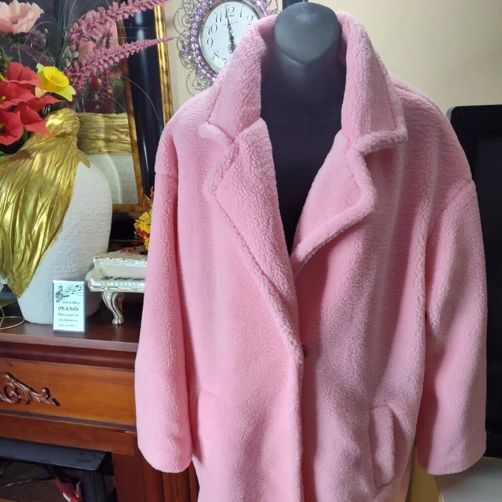 Shein Teddy Coat Pink Overcoat Jacket Button 2-Pockets Size Large